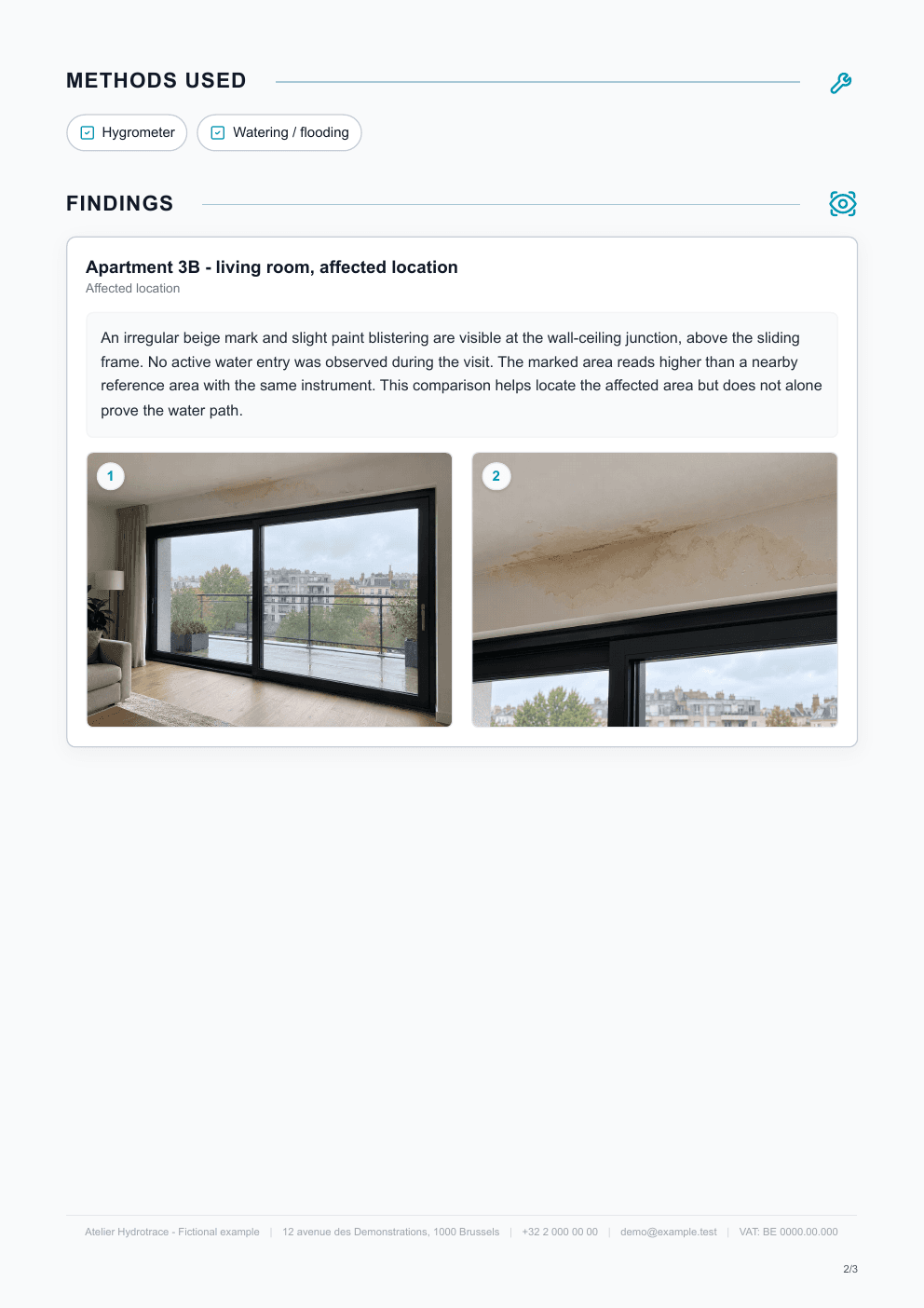 Second page of the fictional report: methods, findings in apartment 3B, and illustrations