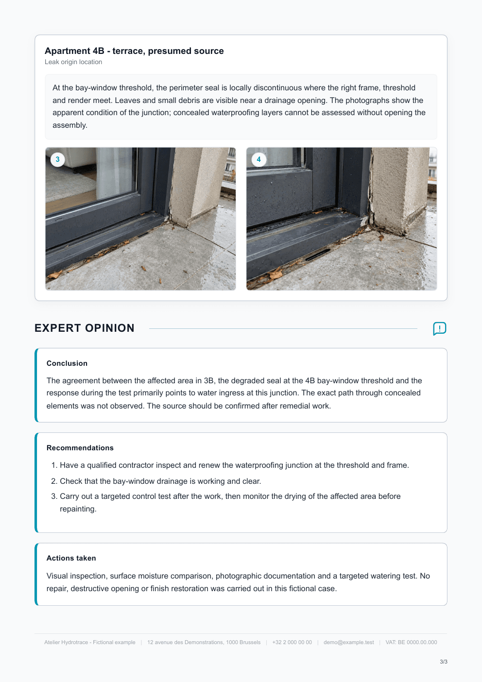 Third page of the fictional report: findings in apartment 4B, conclusion, and recommendations