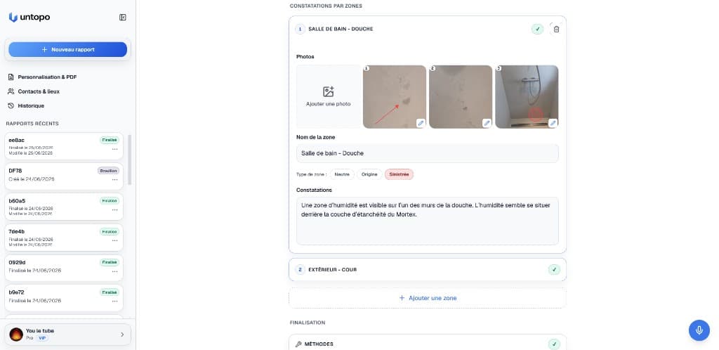 Interface Untopo sur ordinateur avec constatations et photos